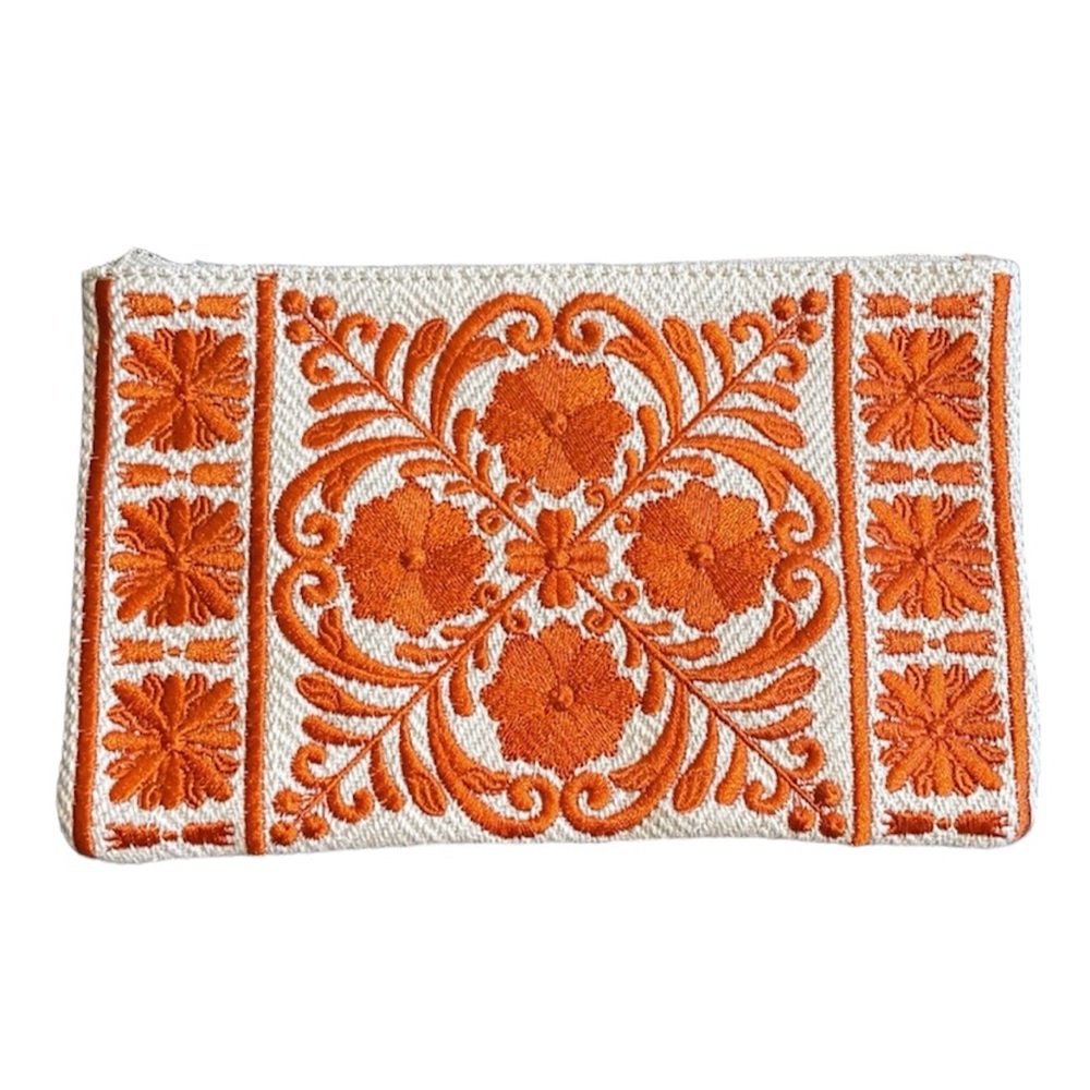 NWOT Brighton Canvas Orange and Tan Embroidery Crossbody Pouch w/ Leather Strap